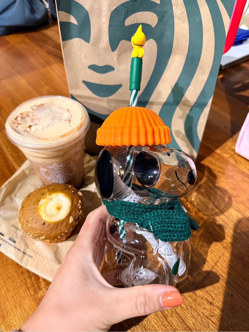 Starbucks Kids Bear Sippy Bottle with Orange Hat and Green Scarf